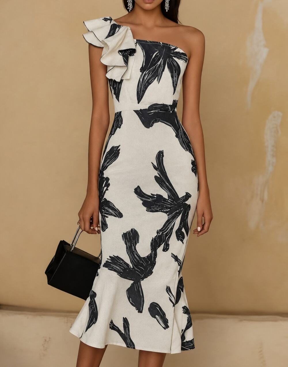 #224 MSRP $45 NWT ABSTRACT FLORAL ONE SHOULDER RUFFLE MIDI DRESS ♡SIZE S♡